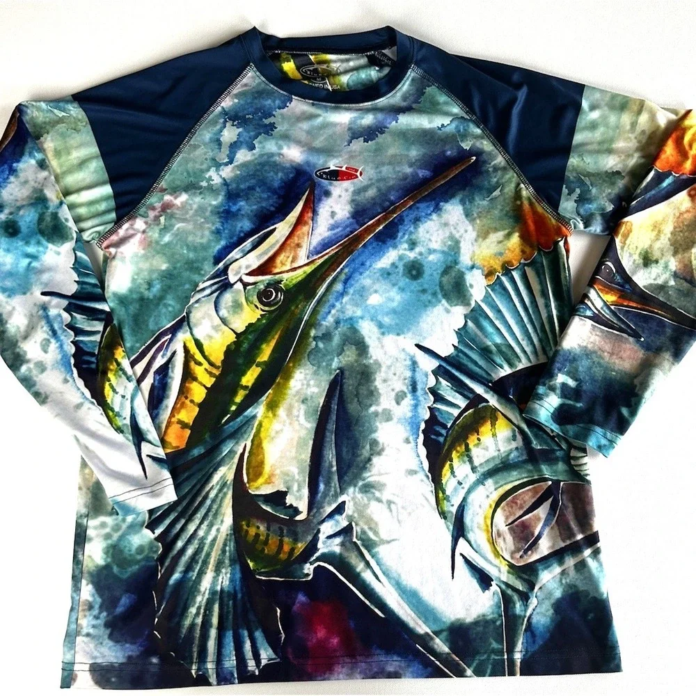 Mens Bluefin Performance Marlin Print‎ Long sleeve Pullover size M